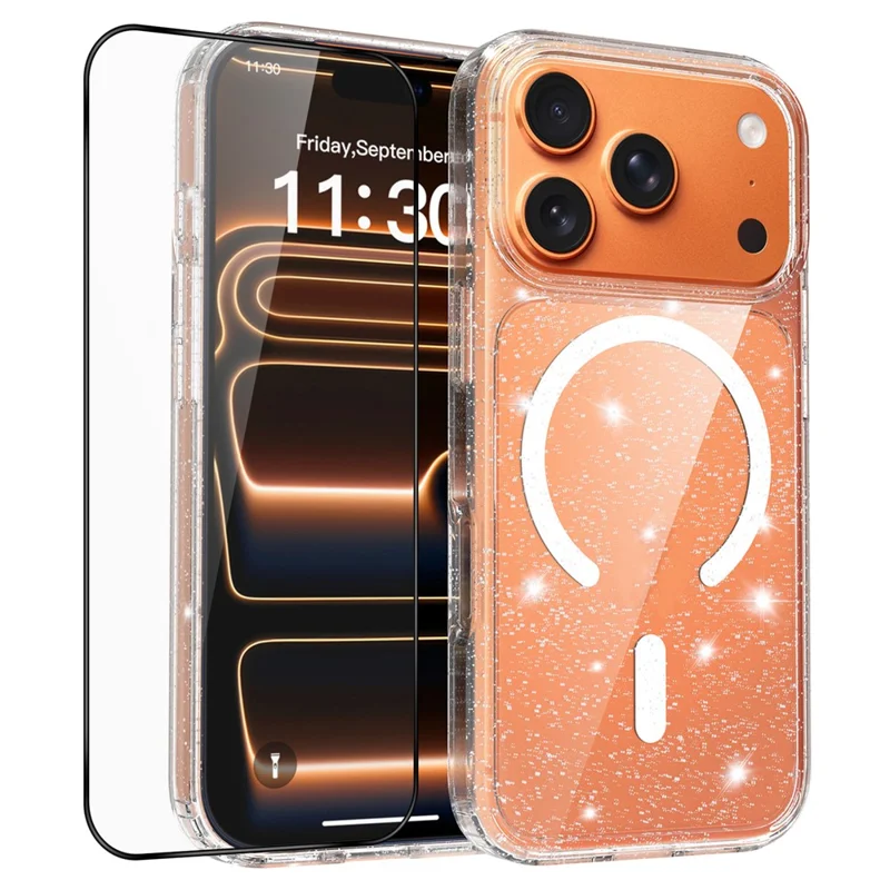 For iPhone 17 Pro Magenetic Case Glitter Powder TPU Scratch-proof Phone Cover with Tempered Glass Compatible with MagSafe  - Transparent