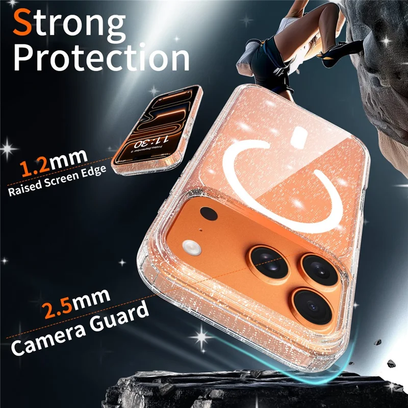 For iPhone 17 Pro Magenetic Case Glitter Powder TPU Scratch-proof Phone Cover with Tempered Glass Compatible with MagSafe  - Transparent