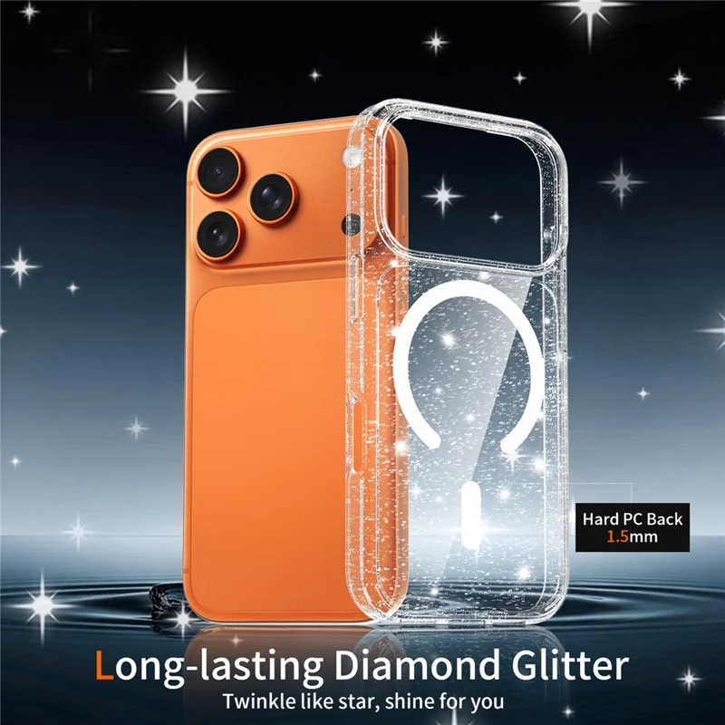 For iPhone 17 Pro Magenetic Case Glitter Powder TPU Scratch-proof Phone Cover with Tempered Glass Compatible with MagSafe  - Transparent