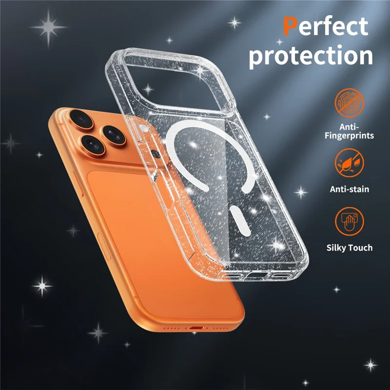 For iPhone 17 Pro Magenetic Case Glitter Powder TPU Scratch-proof Phone Cover with Tempered Glass Compatible with MagSafe  - Transparent