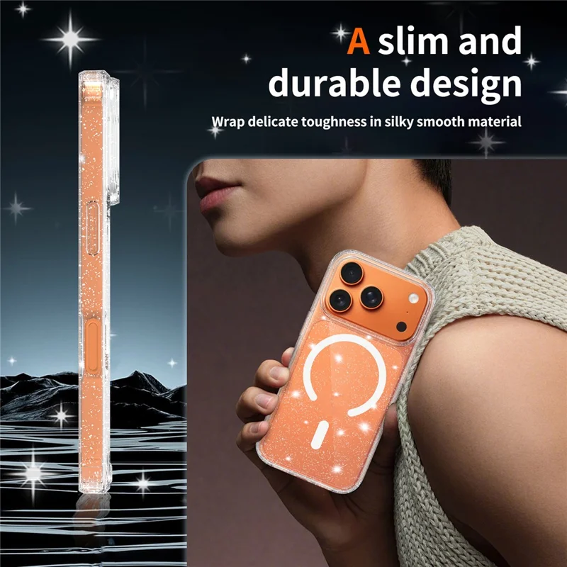 For iPhone 17 Pro Magenetic Case Glitter Powder TPU Scratch-proof Phone Cover with Tempered Glass Compatible with MagSafe  - Transparent
