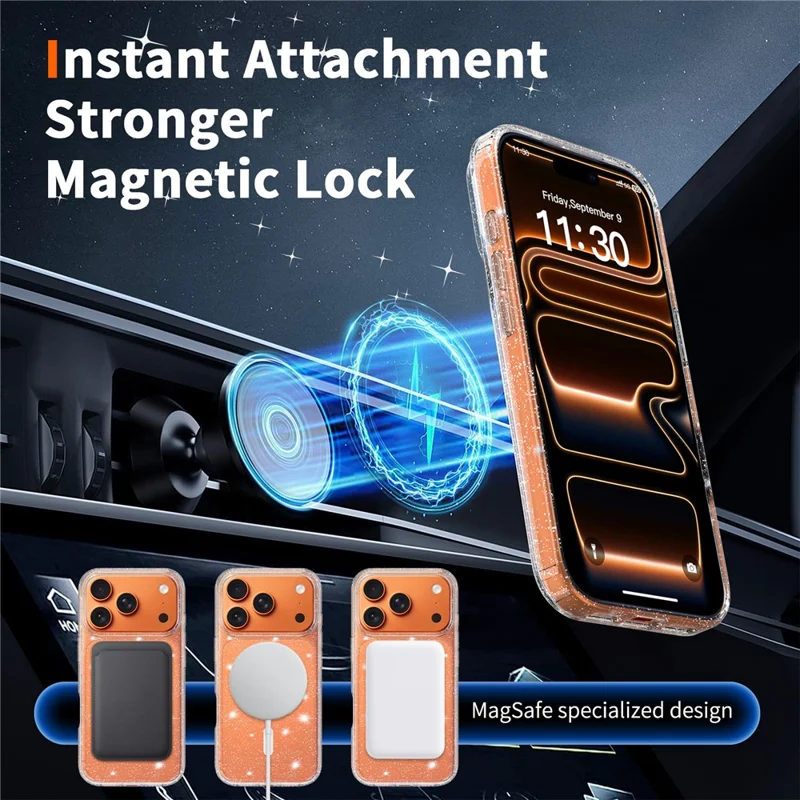 For iPhone 17 Pro Magenetic Case Glitter Powder TPU Scratch-proof Phone Cover with Tempered Glass Compatible with MagSafe  - Transparent