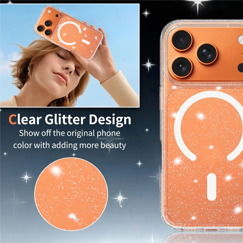 For iPhone 17 Pro Magenetic Case Glitter Powder TPU Scratch-proof Phone Cover with Tempered Glass Compatible with MagSafe  - Transparent