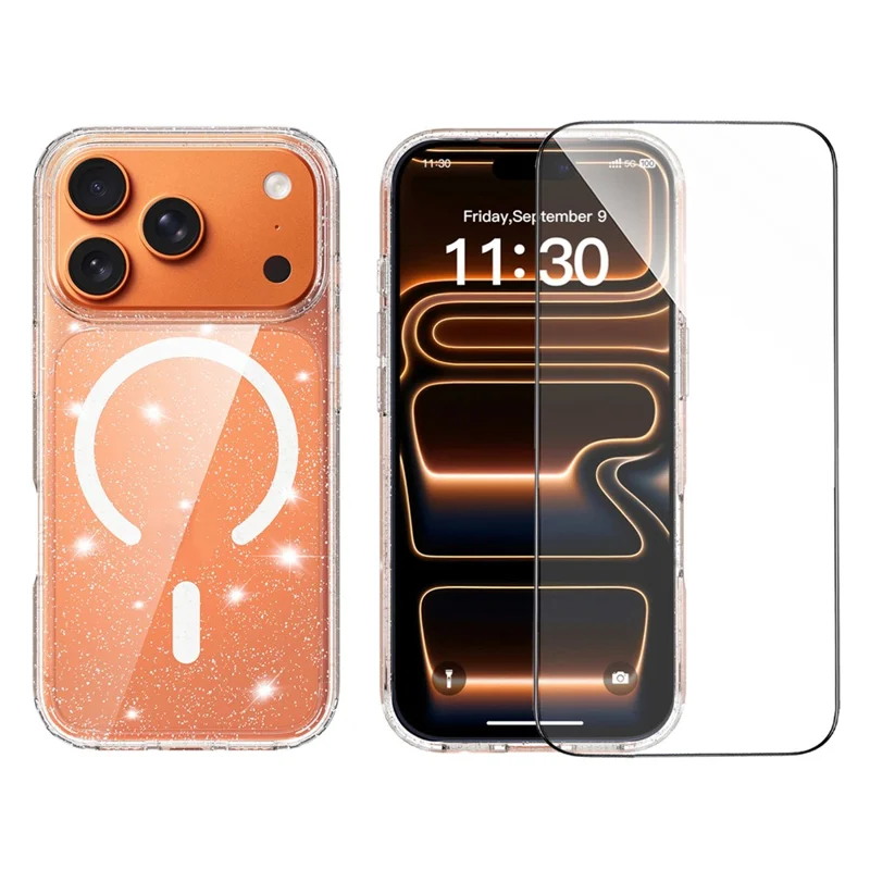 For iPhone 17 Pro Magenetic Case Glitter Powder TPU Scratch-proof Phone Cover with Tempered Glass Compatible with MagSafe  - Transparent