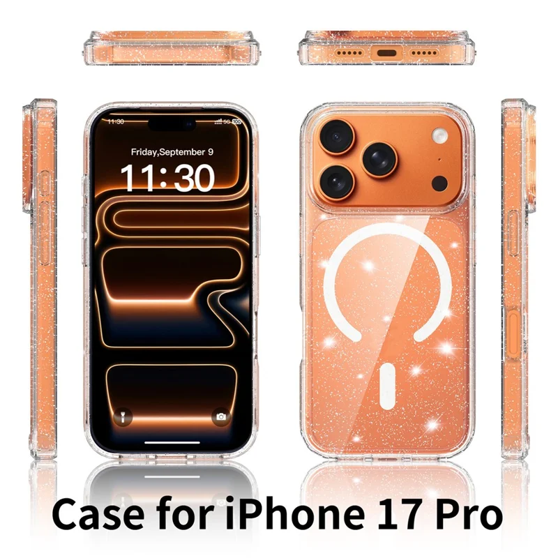 For iPhone 17 Pro Magenetic Case Glitter Powder TPU Scratch-proof Phone Cover with Tempered Glass Compatible with MagSafe  - Transparent