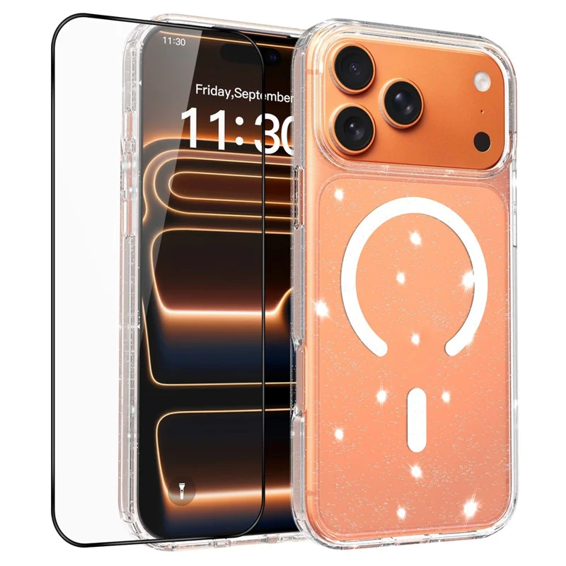 For iPhone 17 Pro Max Magenetic Case Glitter Powder TPU Scratch-proof Phone Cover with Tempered Glass Compatible with MagSafe  - Transparent