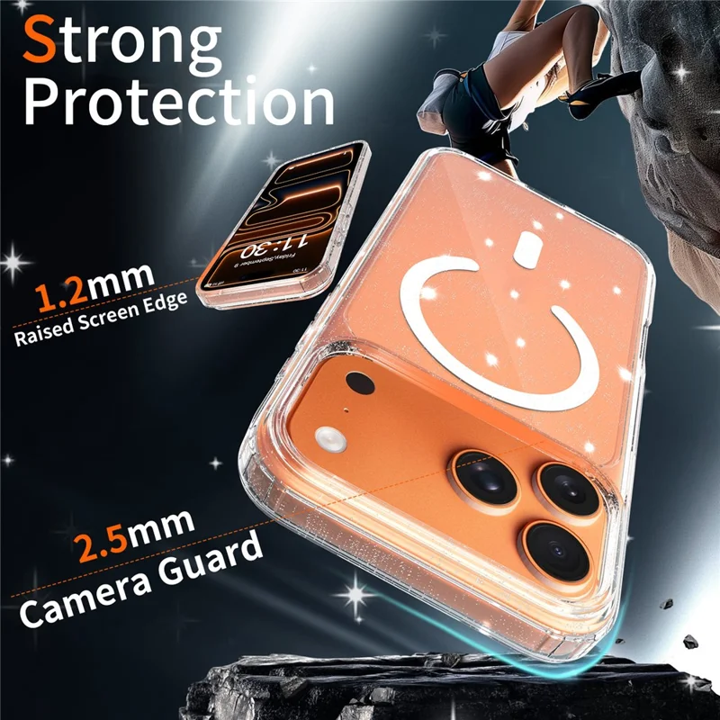 For iPhone 17 Pro Max Magenetic Case Glitter Powder TPU Scratch-proof Phone Cover with Tempered Glass Compatible with MagSafe  - Transparent