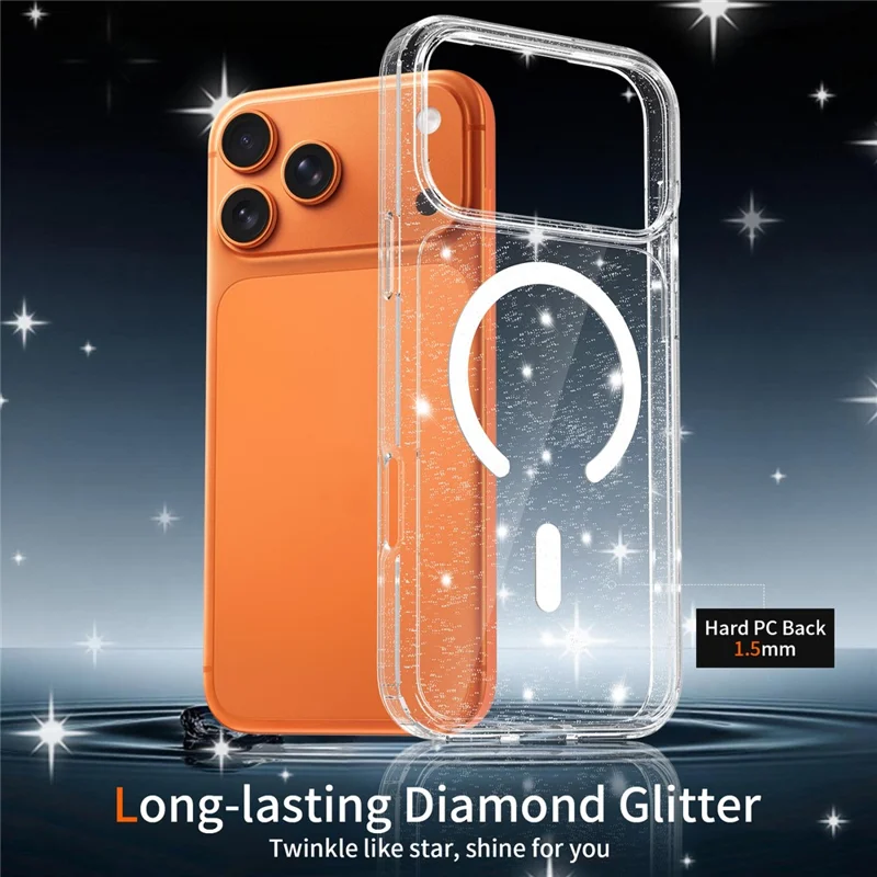For iPhone 17 Pro Max Magenetic Case Glitter Powder TPU Scratch-proof Phone Cover with Tempered Glass Compatible with MagSafe  - Transparent
