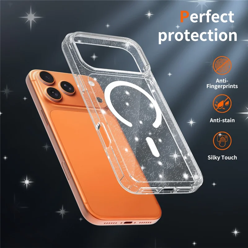 For iPhone 17 Pro Max Magenetic Case Glitter Powder TPU Scratch-proof Phone Cover with Tempered Glass Compatible with MagSafe  - Transparent