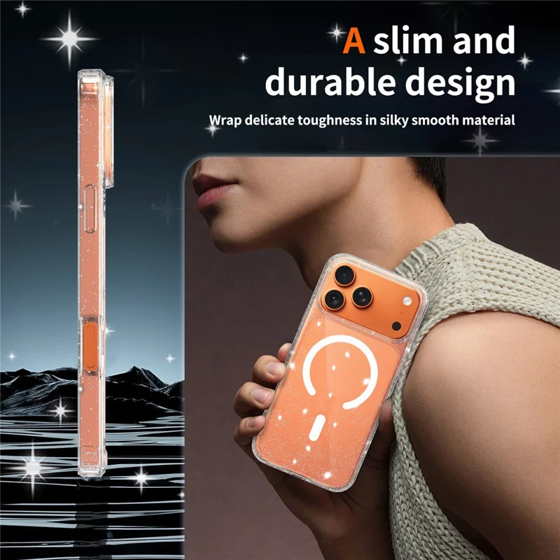 For iPhone 17 Pro Max Magenetic Case Glitter Powder TPU Scratch-proof Phone Cover with Tempered Glass Compatible with MagSafe  - Transparent