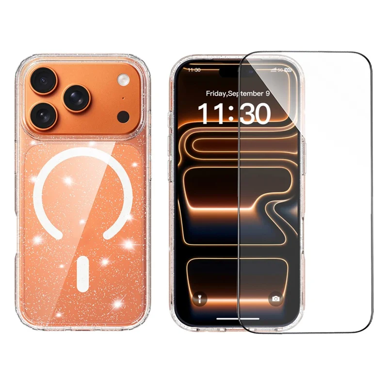 For iPhone 17 Pro Max Magenetic Case Glitter Powder TPU Scratch-proof Phone Cover with Tempered Glass Compatible with MagSafe  - Transparent