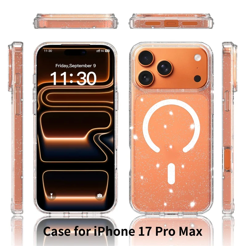 For iPhone 17 Pro Max Magenetic Case Glitter Powder TPU Scratch-proof Phone Cover with Tempered Glass Compatible with MagSafe  - Transparent