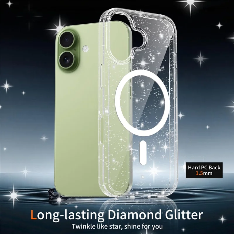 For iPhone 17 Magnetic Case Glitter Powder TPU Scratch-proof Phone Cover with Tempered Glass Compatible with MagSafe   - Transparent