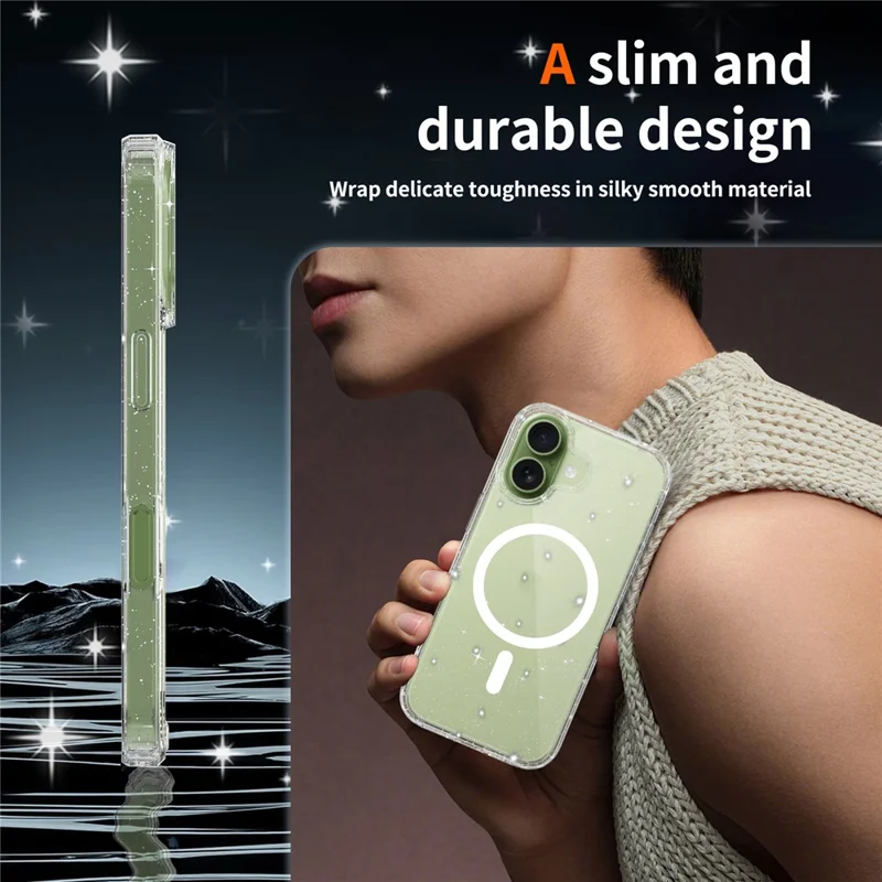 For iPhone 17 Magnetic Case Glitter Powder TPU Scratch-proof Phone Cover with Tempered Glass Compatible with MagSafe   - Transparent