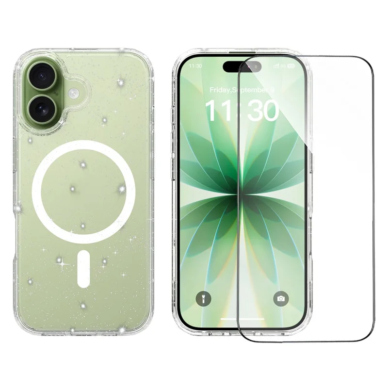For iPhone 17 Magnetic Case Glitter Powder TPU Scratch-proof Phone Cover with Tempered Glass Compatible with MagSafe   - Transparent