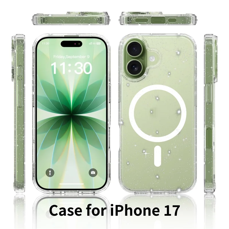 For iPhone 17 Magnetic Case Glitter Powder TPU Scratch-proof Phone Cover with Tempered Glass Compatible with MagSafe   - Transparent