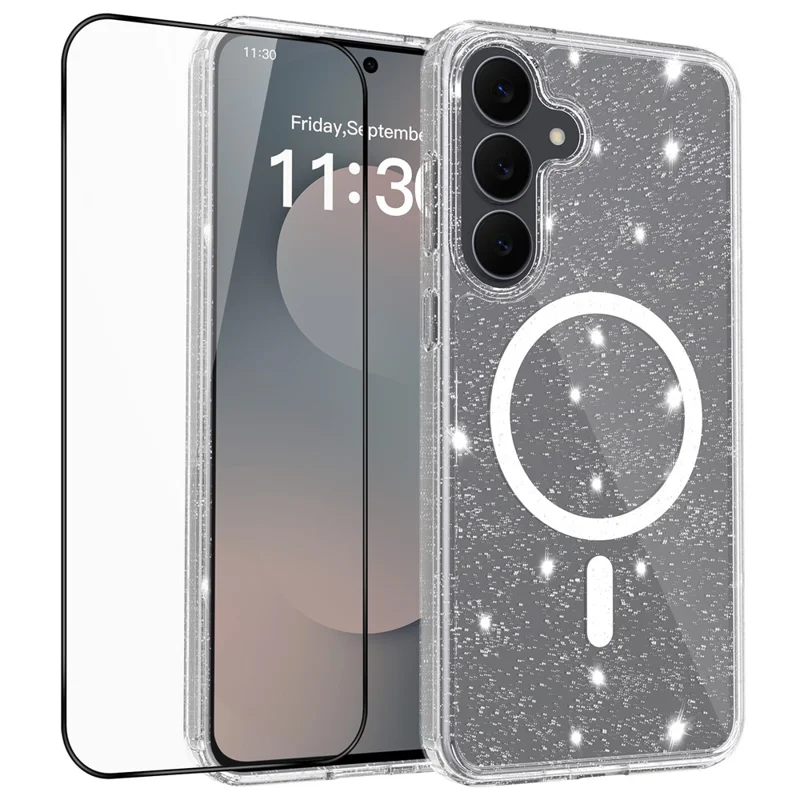 For Samsung Galaxy S25 FE Magenetic Case Glitter Powder TPU Scratch-proof Phone Cover with Tempered Glass  - Transparent