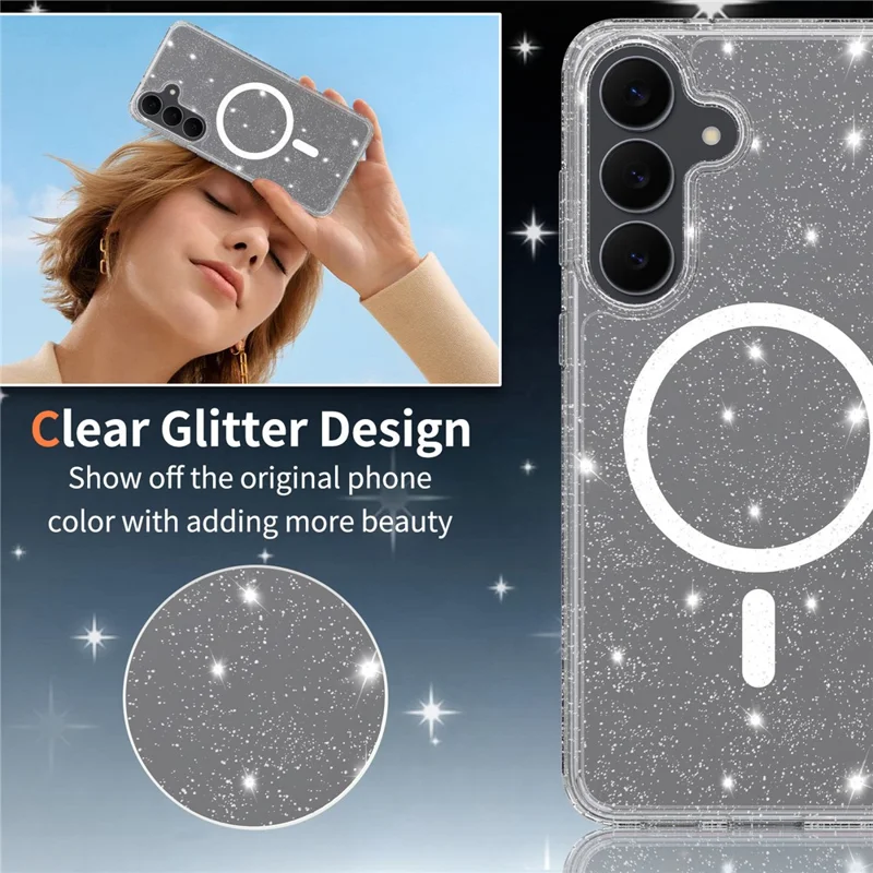 For Samsung Galaxy S25 FE Magenetic Case Glitter Powder TPU Scratch-proof Phone Cover with Tempered Glass  - Transparent