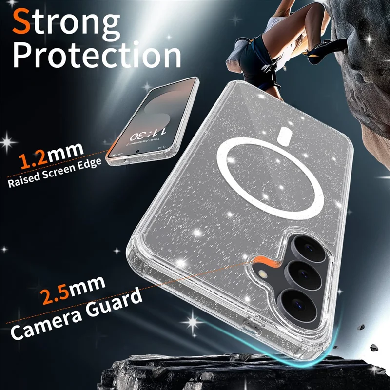 For Samsung Galaxy S25 FE Magenetic Case Glitter Powder TPU Scratch-proof Phone Cover with Tempered Glass  - Transparent