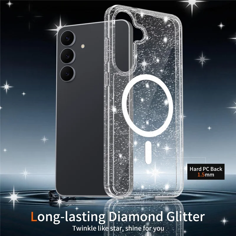 For Samsung Galaxy S25 FE Magenetic Case Glitter Powder TPU Scratch-proof Phone Cover with Tempered Glass  - Transparent