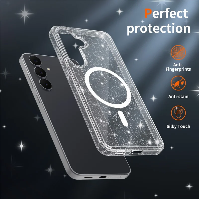 For Samsung Galaxy S25 FE Magenetic Case Glitter Powder TPU Scratch-proof Phone Cover with Tempered Glass  - Transparent