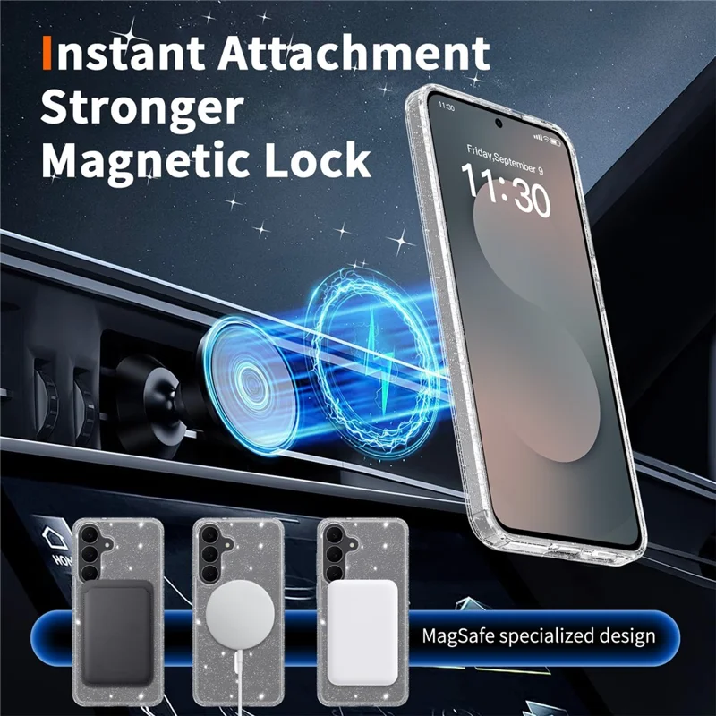For Samsung Galaxy S25 FE Magenetic Case Glitter Powder TPU Scratch-proof Phone Cover with Tempered Glass  - Transparent