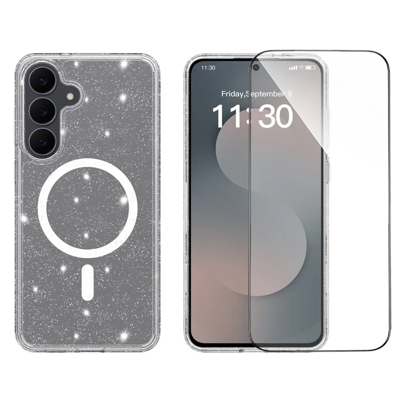 For Samsung Galaxy S25 FE Magenetic Case Glitter Powder TPU Scratch-proof Phone Cover with Tempered Glass  - Transparent