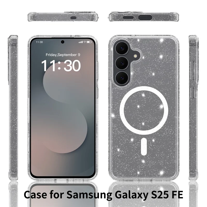 For Samsung Galaxy S25 FE Magenetic Case Glitter Powder TPU Scratch-proof Phone Cover with Tempered Glass  - Transparent