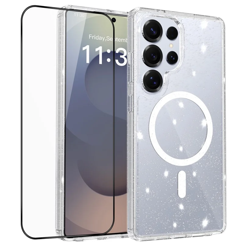 For Samsung Galaxy S25 Ultra Magenetic Case Glitter Powder TPU Scratch-proof Phone Cover with Tempered Glass  - Transparent