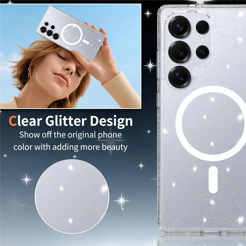 For Samsung Galaxy S25 Ultra Magenetic Case Glitter Powder TPU Scratch-proof Phone Cover with Tempered Glass  - Transparent