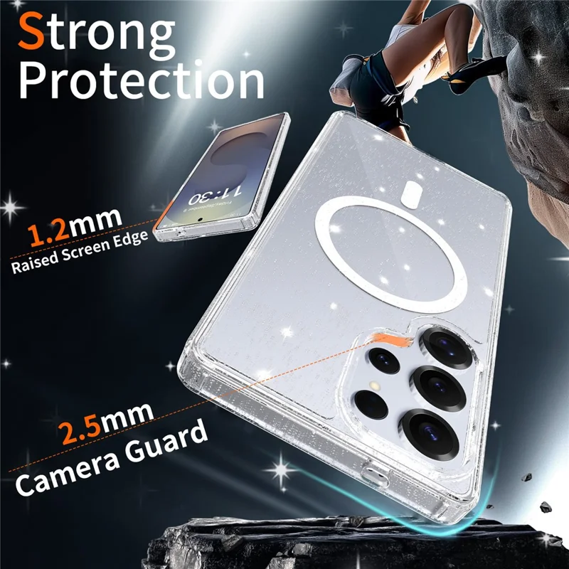 For Samsung Galaxy S25 Ultra Magenetic Case Glitter Powder TPU Scratch-proof Phone Cover with Tempered Glass  - Transparent