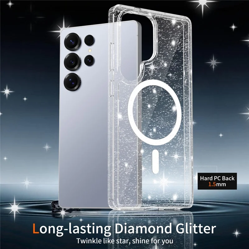 For Samsung Galaxy S25 Ultra Magenetic Case Glitter Powder TPU Scratch-proof Phone Cover with Tempered Glass  - Transparent