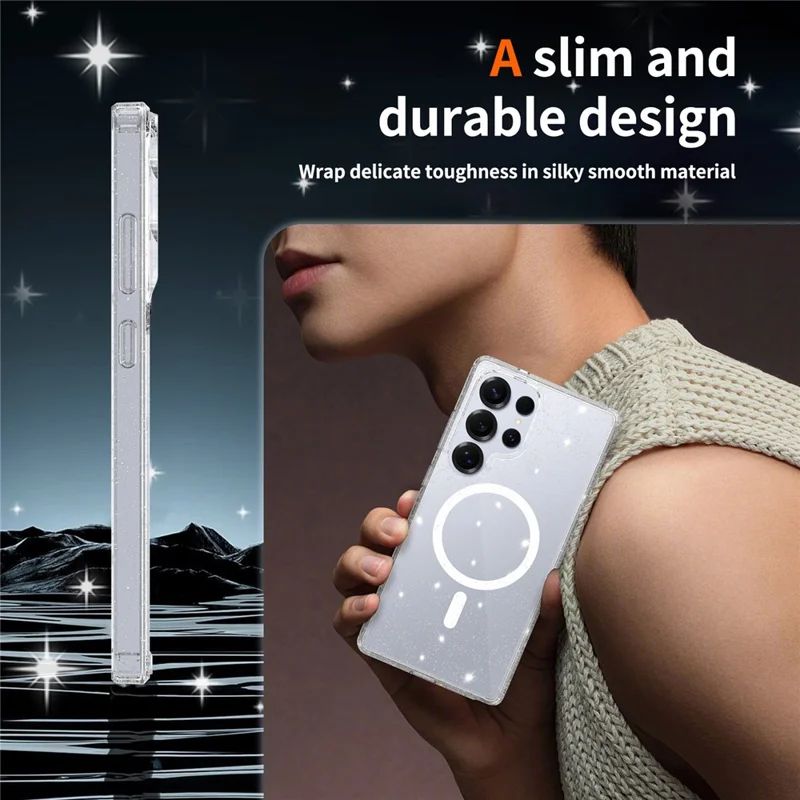 For Samsung Galaxy S25 Ultra Magenetic Case Glitter Powder TPU Scratch-proof Phone Cover with Tempered Glass  - Transparent