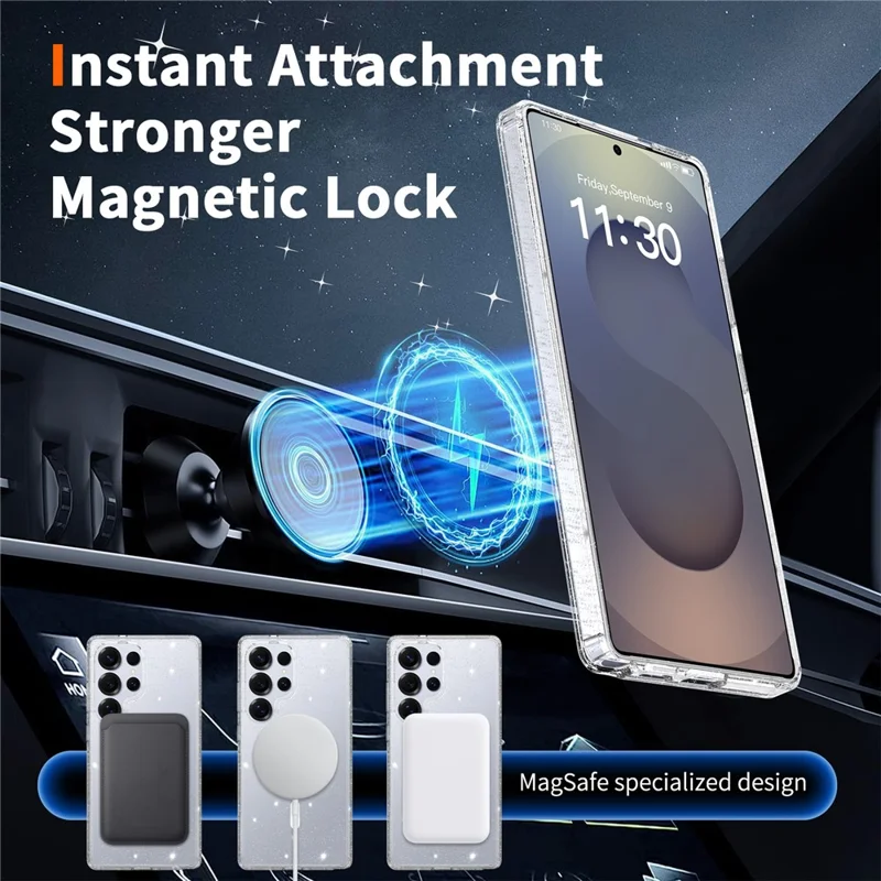 For Samsung Galaxy S25 Ultra Magenetic Case Glitter Powder TPU Scratch-proof Phone Cover with Tempered Glass  - Transparent