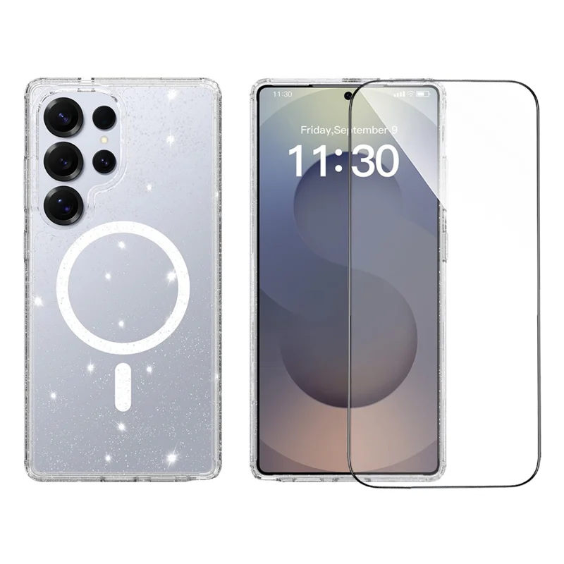 For Samsung Galaxy S25 Ultra Magenetic Case Glitter Powder TPU Scratch-proof Phone Cover with Tempered Glass  - Transparent