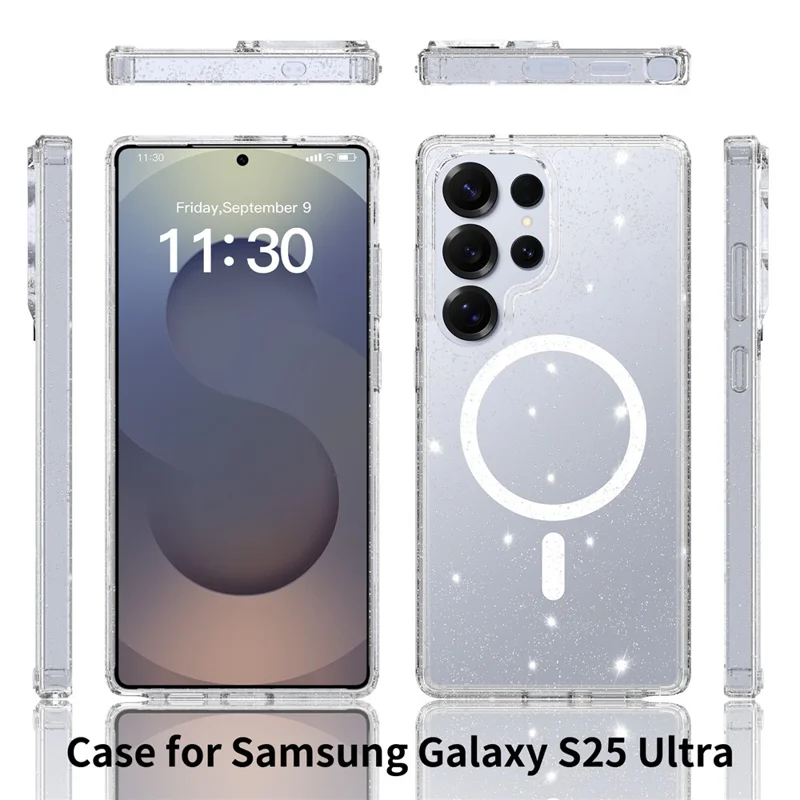 For Samsung Galaxy S25 Ultra Magenetic Case Glitter Powder TPU Scratch-proof Phone Cover with Tempered Glass  - Transparent