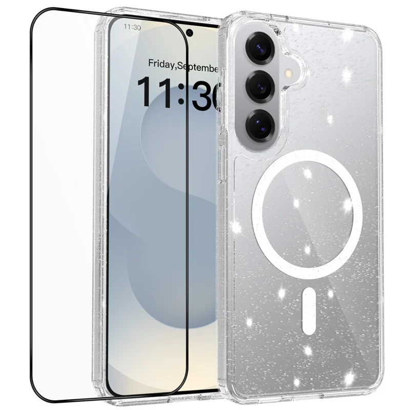 For Samsung Galaxy S26+ Magenetic Case Glitter Powder TPU Scratch-proof Phone Cover with Tempered Glass - Transparent