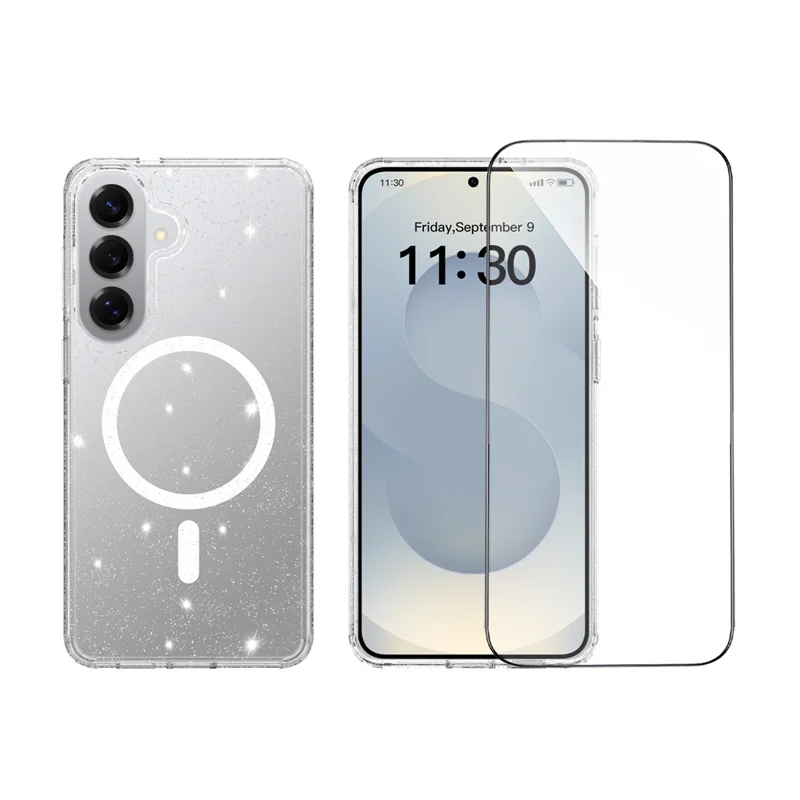 For Samsung Galaxy S26+ Magenetic Case Glitter Powder TPU Scratch-proof Phone Cover with Tempered Glass - Transparent