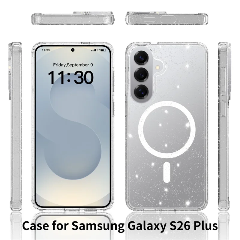 For Samsung Galaxy S26+ Magenetic Case Glitter Powder TPU Scratch-proof Phone Cover with Tempered Glass - Transparent