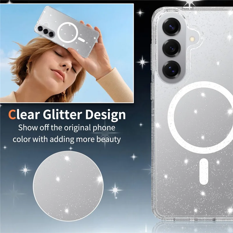 For Samsung Galaxy S26+ Magenetic Case Glitter Powder TPU Scratch-proof Phone Cover with Tempered Glass - Transparent