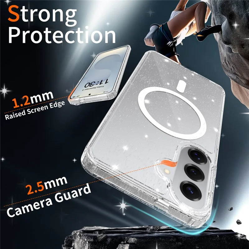For Samsung Galaxy S26+ Magenetic Case Glitter Powder TPU Scratch-proof Phone Cover with Tempered Glass - Transparent
