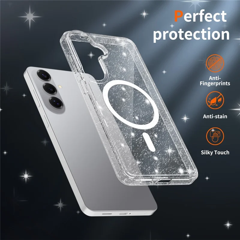 For Samsung Galaxy S26+ Magenetic Case Glitter Powder TPU Scratch-proof Phone Cover with Tempered Glass - Transparent