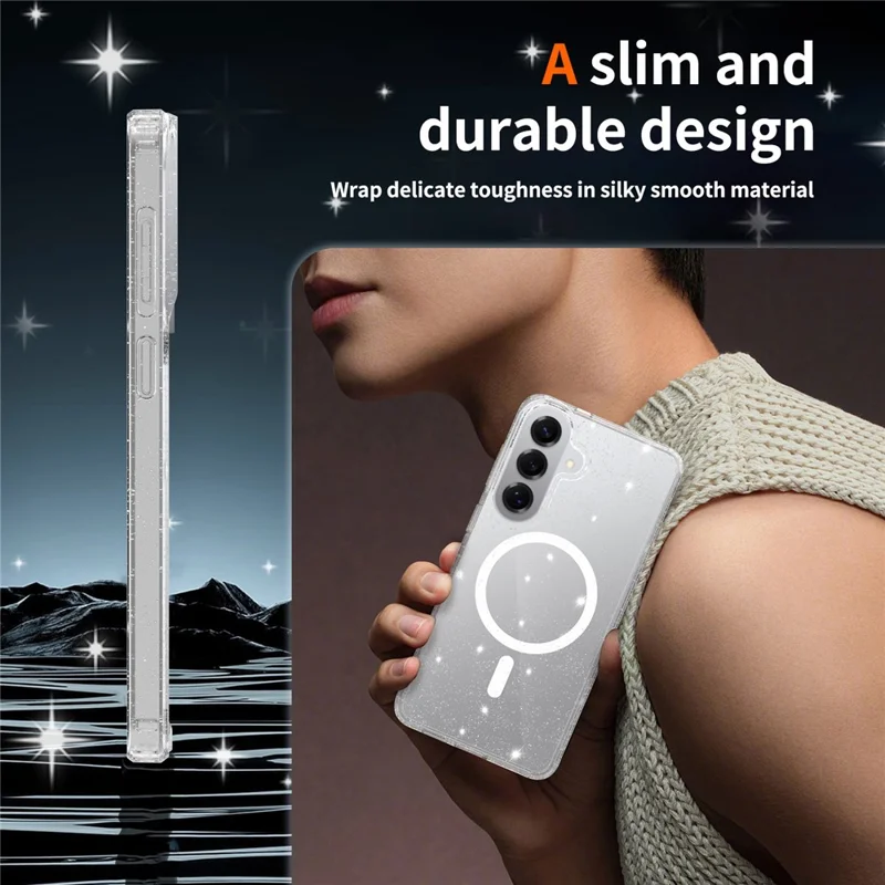For Samsung Galaxy S26+ Magenetic Case Glitter Powder TPU Scratch-proof Phone Cover with Tempered Glass - Transparent