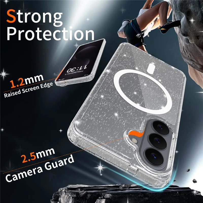 For Samsung Galaxy S26 Magnetic Case Glitter Powder TPU Scratch-proof Phone Cover with Tempered Glass - Transparent