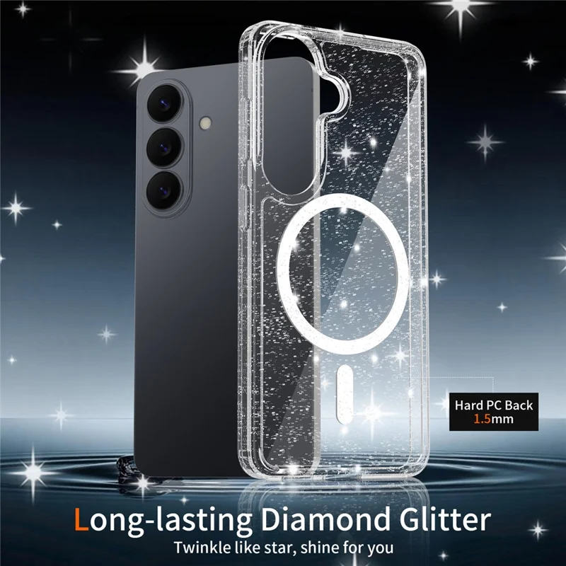 For Samsung Galaxy S26 Magnetic Case Glitter Powder TPU Scratch-proof Phone Cover with Tempered Glass - Transparent