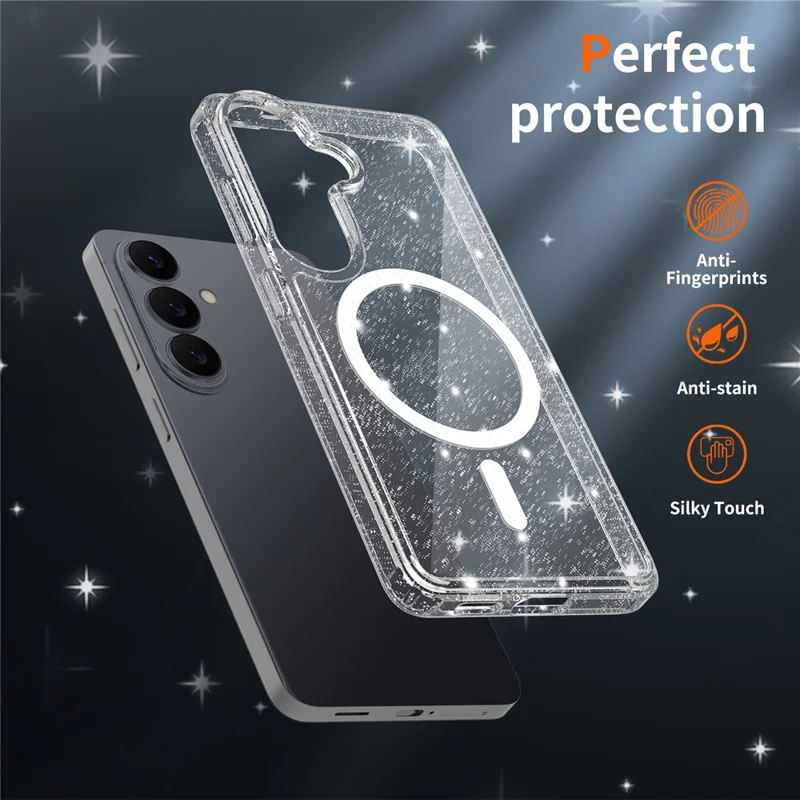 For Samsung Galaxy S26 Magnetic Case Glitter Powder TPU Scratch-proof Phone Cover with Tempered Glass - Transparent