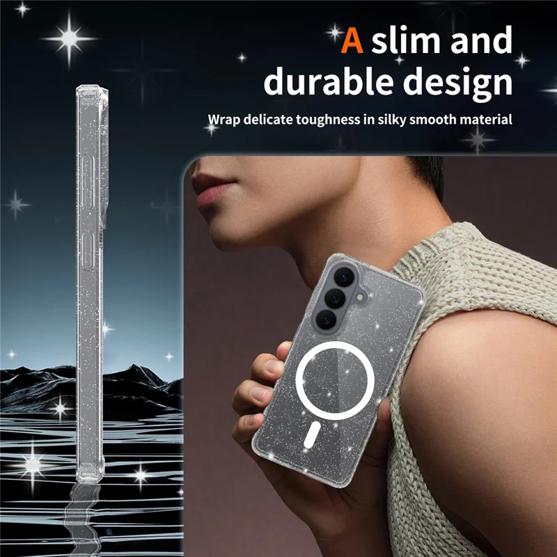 For Samsung Galaxy S26 Magnetic Case Glitter Powder TPU Scratch-proof Phone Cover with Tempered Glass - Transparent