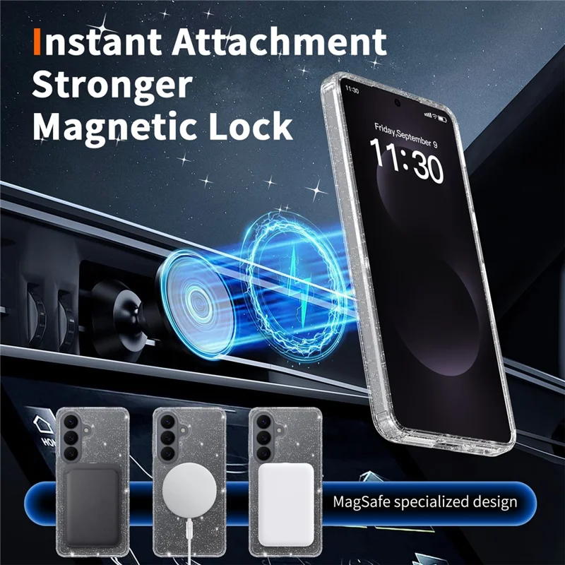 For Samsung Galaxy S26 Magnetic Case Glitter Powder TPU Scratch-proof Phone Cover with Tempered Glass - Transparent