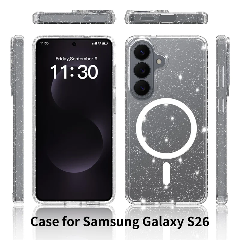 For Samsung Galaxy S26 Magnetic Case Glitter Powder TPU Scratch-proof Phone Cover with Tempered Glass - Transparent