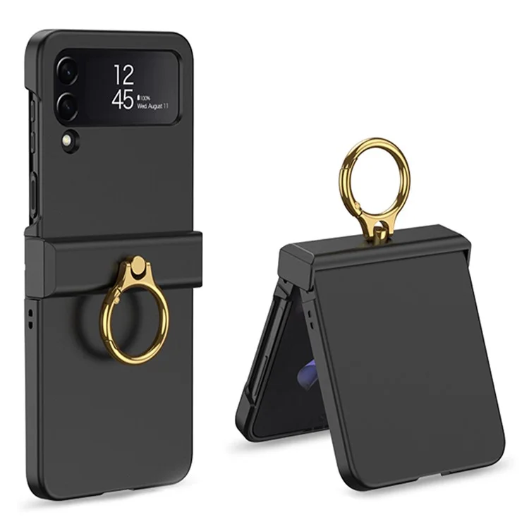GKK para Samsung Galaxy Z Flip4 5G Hinge Protection Phone Case Hard PC Metal Ring Holder Kickstand Non-Slip Shockproof Cover - Preto